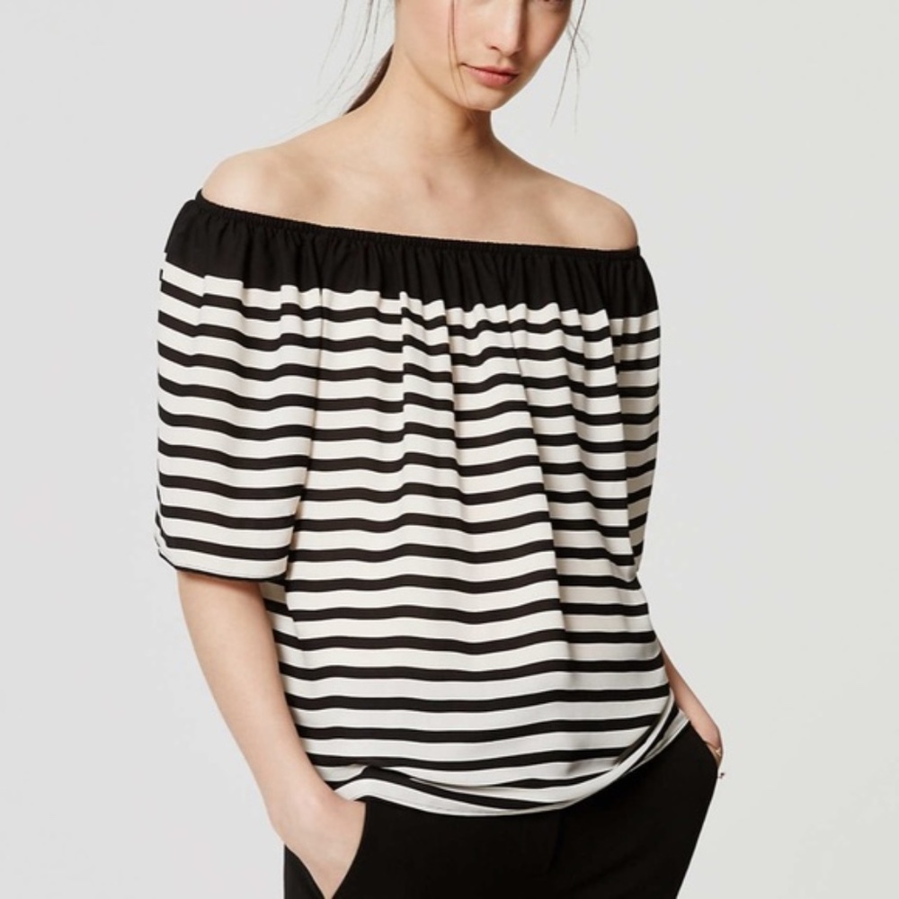 🎹 LOFT, Black & White Off-The-Shoulder Blouse - Picture 1 of 13